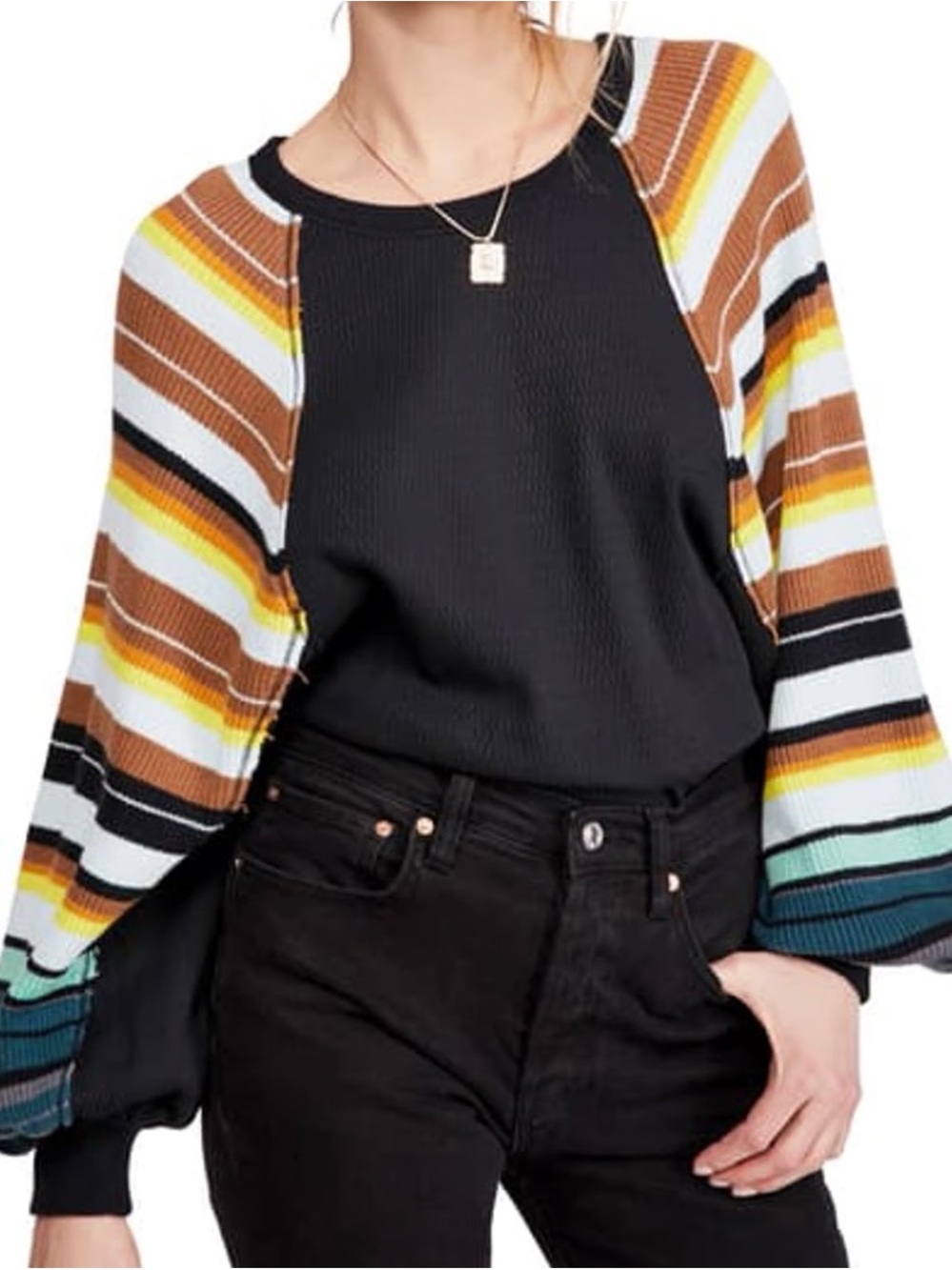 We The Free Black Sweater with Brown, Yellow & White Striped Balloon Sleeves
